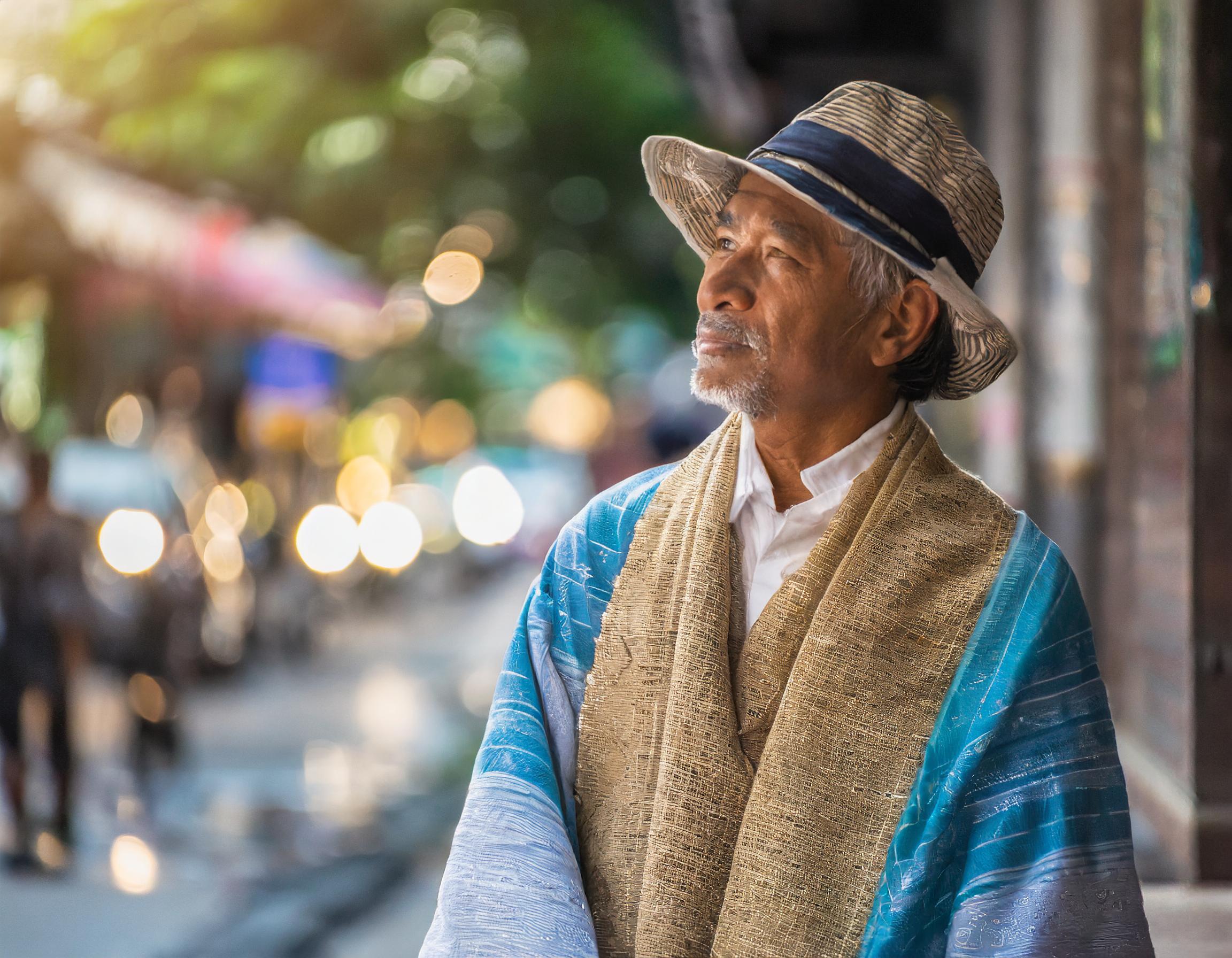 Firefly old Thai man hunched over a threadbare blanket spread on the grimy sidewalk in Bangkok 40253